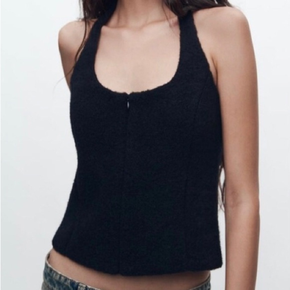 NWT Black Zara Halter Fuzzy Center Zip Open Back Crop Top Size XXL
